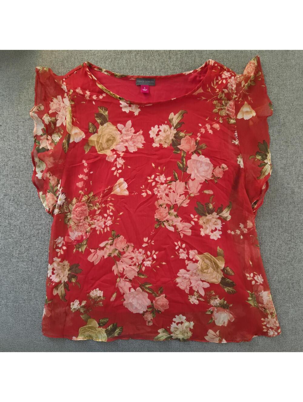 Vince Camuto Red Floral Sheer Flutter Sleeve Blouse Size S